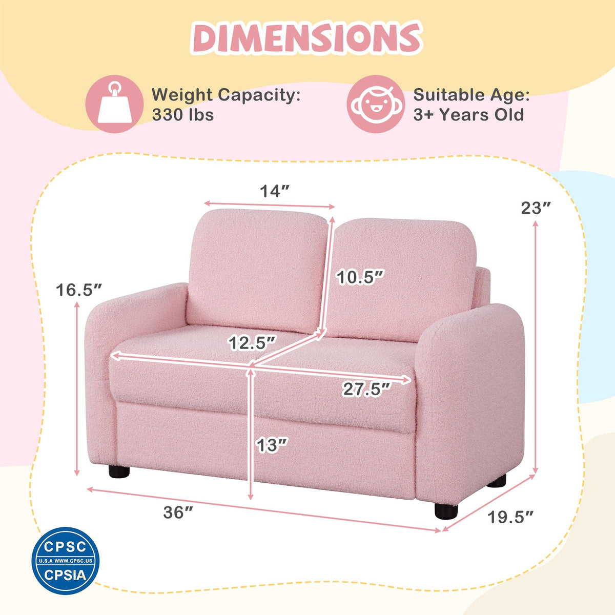 2-Seat Kids Sofa Toddler Sofa Couch with Soft Teddy Fleece Upholstery and Solid Wooden Frame