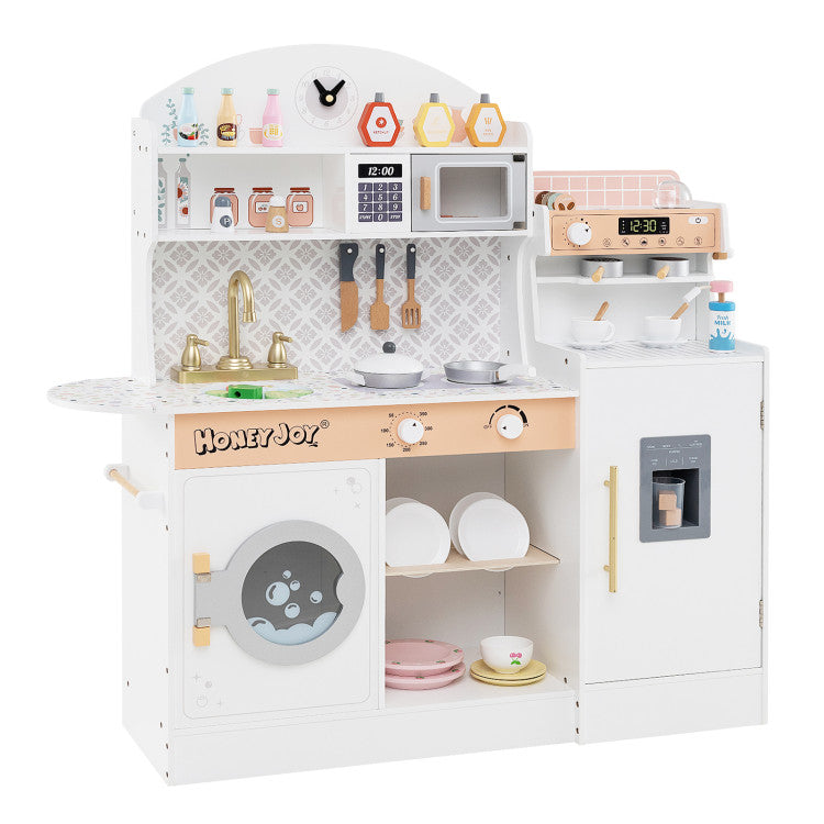 3-IN-1 Kids Furniture: Kids Table Chairs Set + Bookshelf + White Play Kitchen Sets