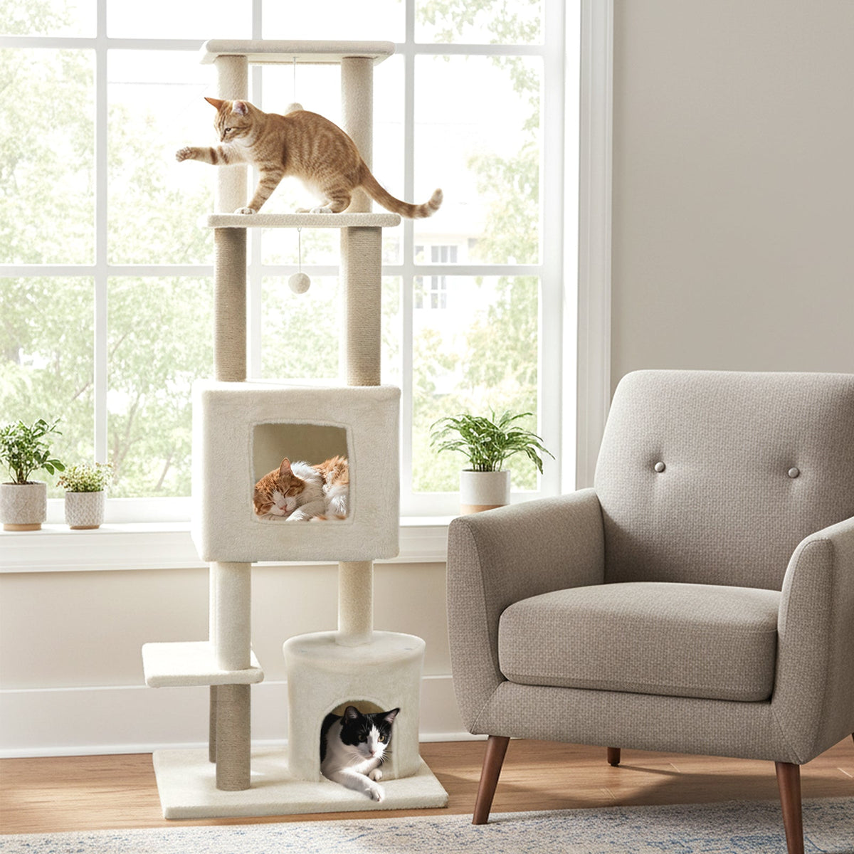 64 Inch Tall Cat Tree with 2 Large Condos and Jute Scratching Posts for Indoor Adult Cats