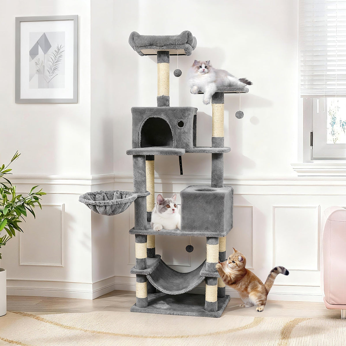 66 Inch Tall Cat Tree Multi-Level Cat Tower with 2 Condos Sisal Scratching Posts