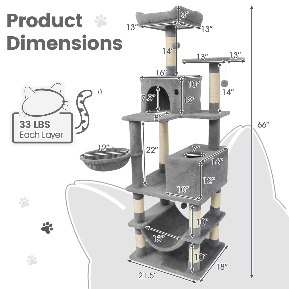 66 Inch Tall Cat Tree Multi-Level Cat Tower with 2 Condos Sisal Scratching Posts