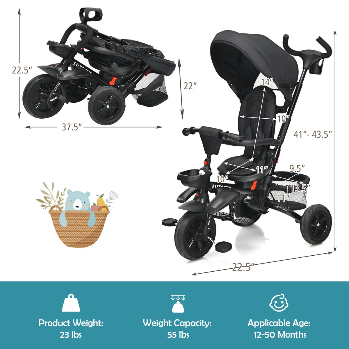 7-in-1 Detachable Baby Stroller with Canopy and Safety Harness