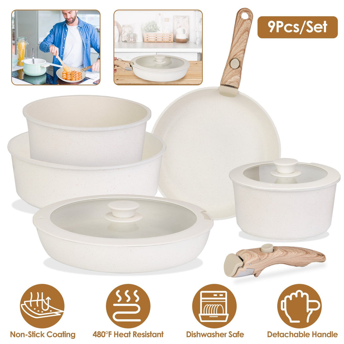 9Pcs Nonstick Cookware Set Kitchen Pots and Pans Set With Detachable Handles Tempered Glass Lids Dishwasher Oven Safe Aluminum Alloy Kitchen Cookware
