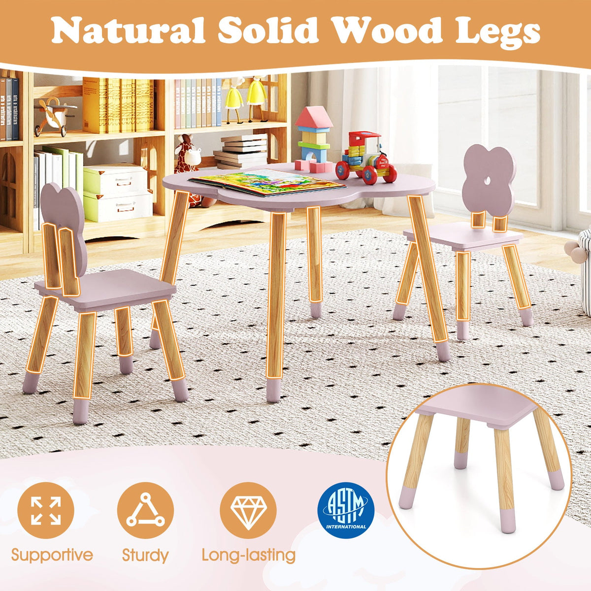 Flower-shaped Kids Table Set with Solid Pine Wood Legs