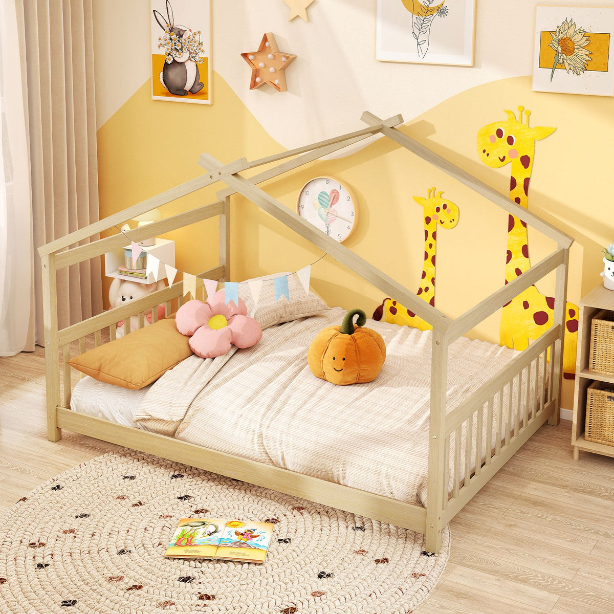 Full Size House Bed Montessori Floor Bed with Headboard