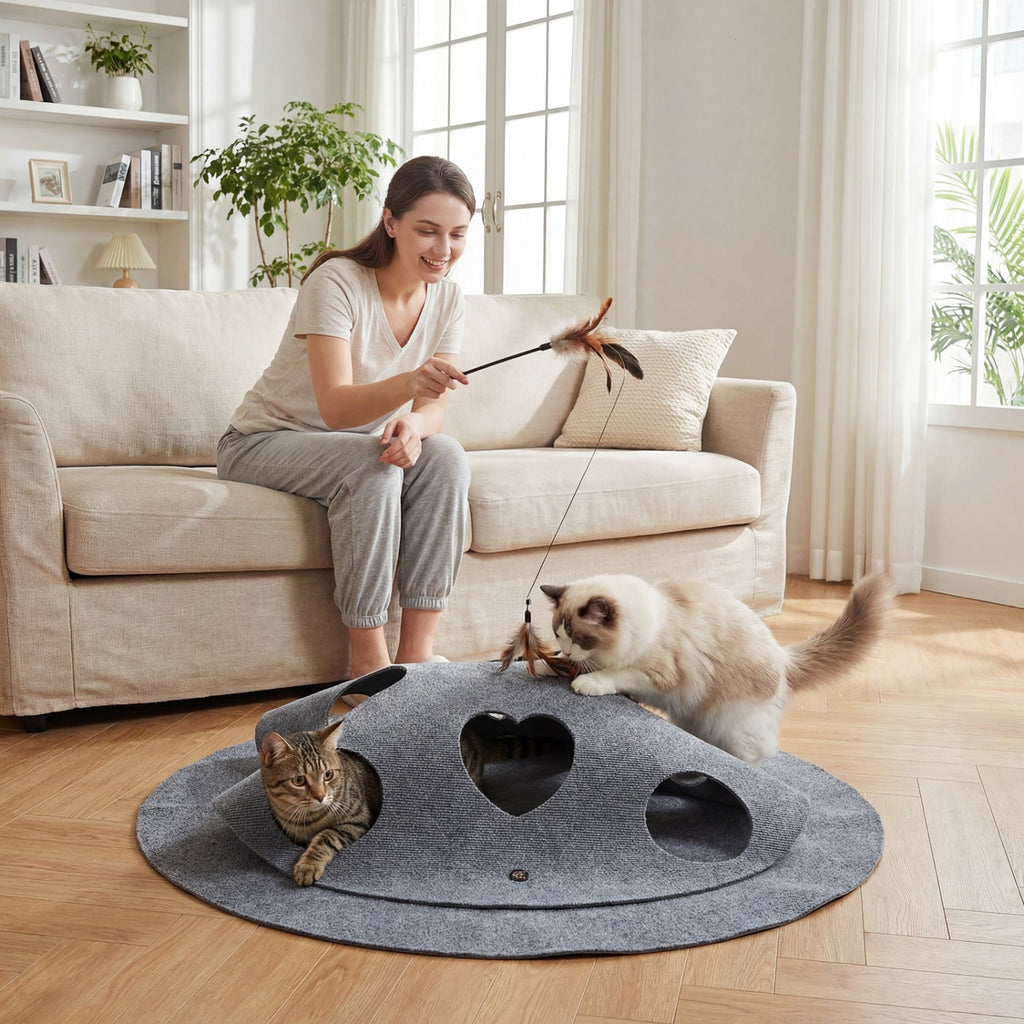 Interactive Foldable Cat Tunnel for Indoor Cats 40‚Äù Round Large Enrichment Play Felt Mat