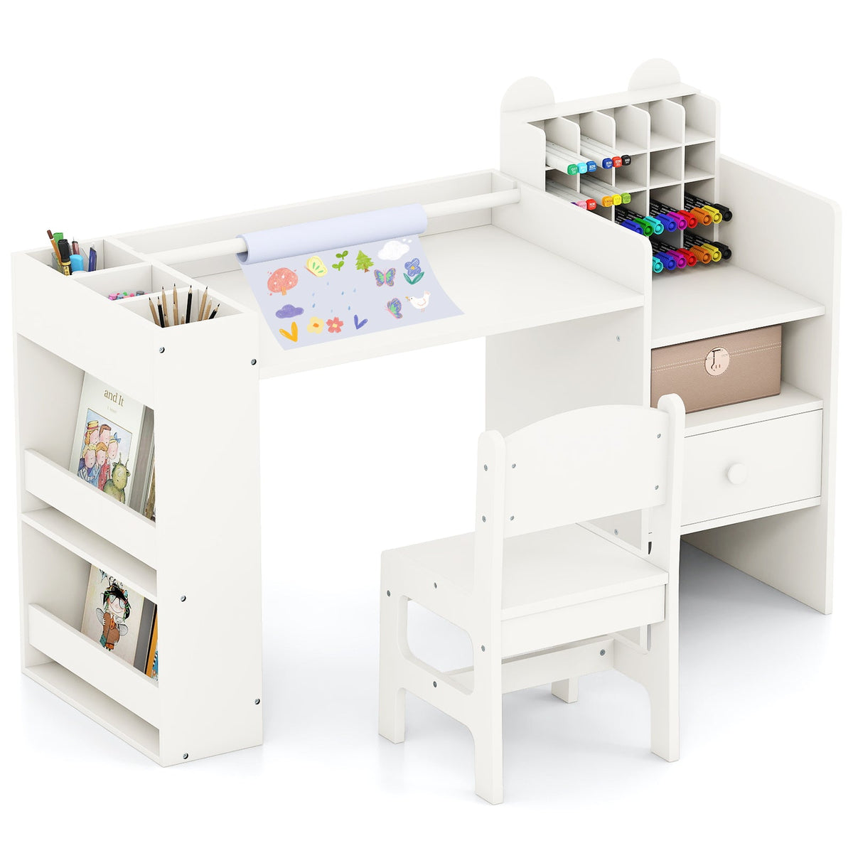 Kids Art Table and Chair Set with Detachable Paper Roll Holder and Cabinet