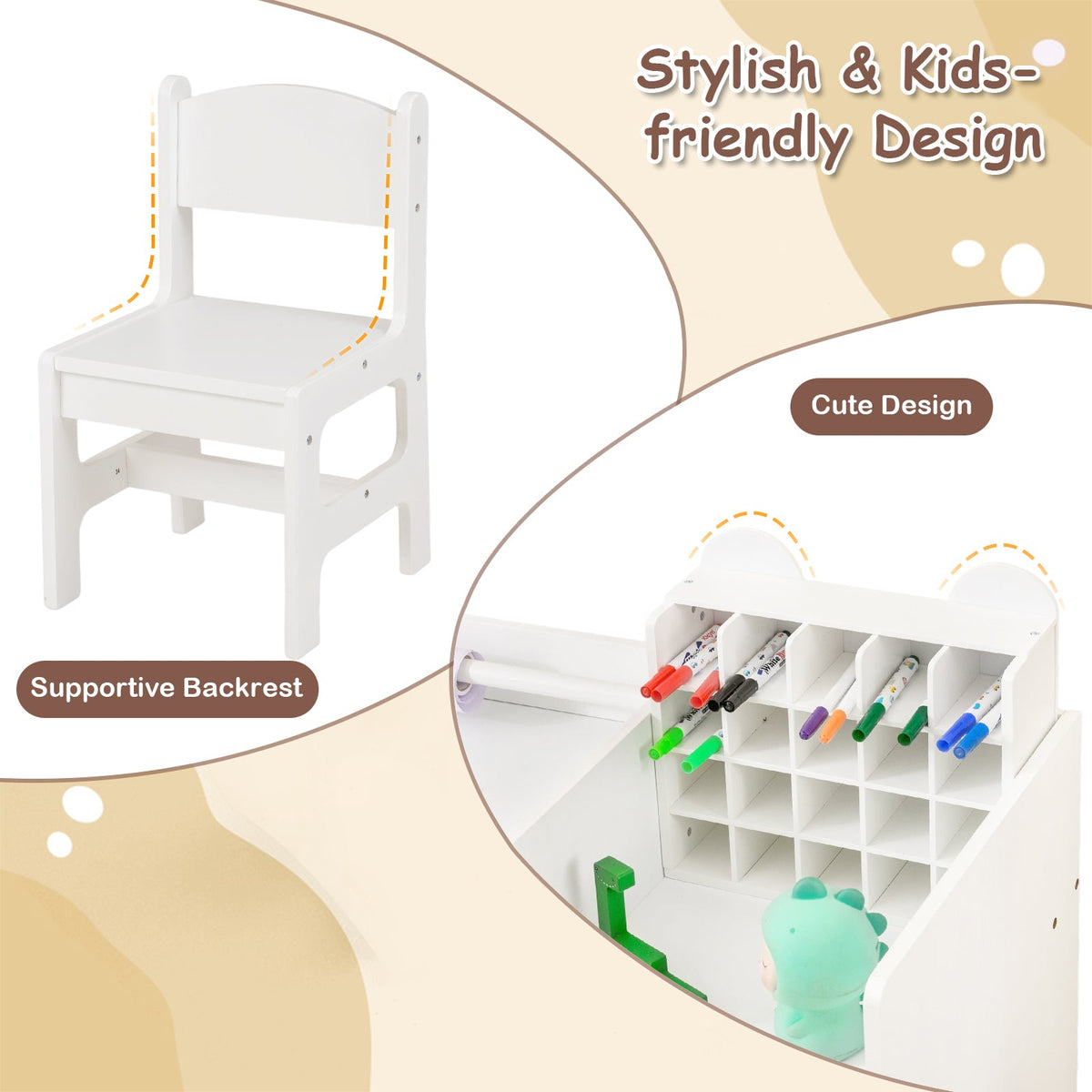 Kids Art Table and Chair Set with Detachable Paper Roll Holder and Cabinet
