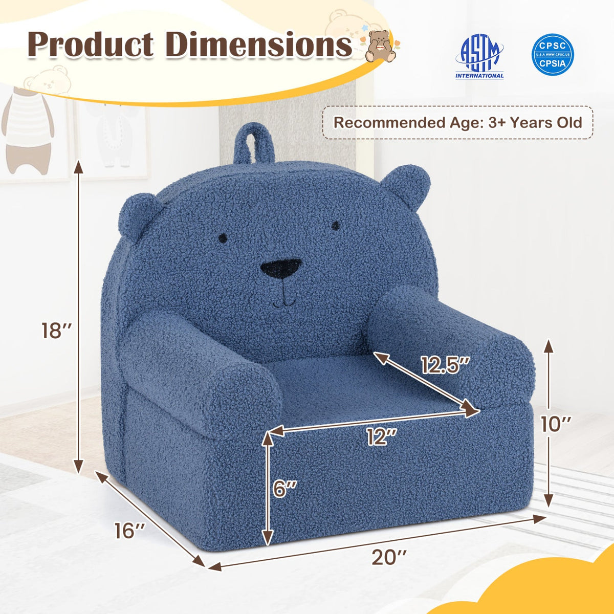Kids Bear Sofa Toddler Foam Couch with Soft Fleece Fabric Cover