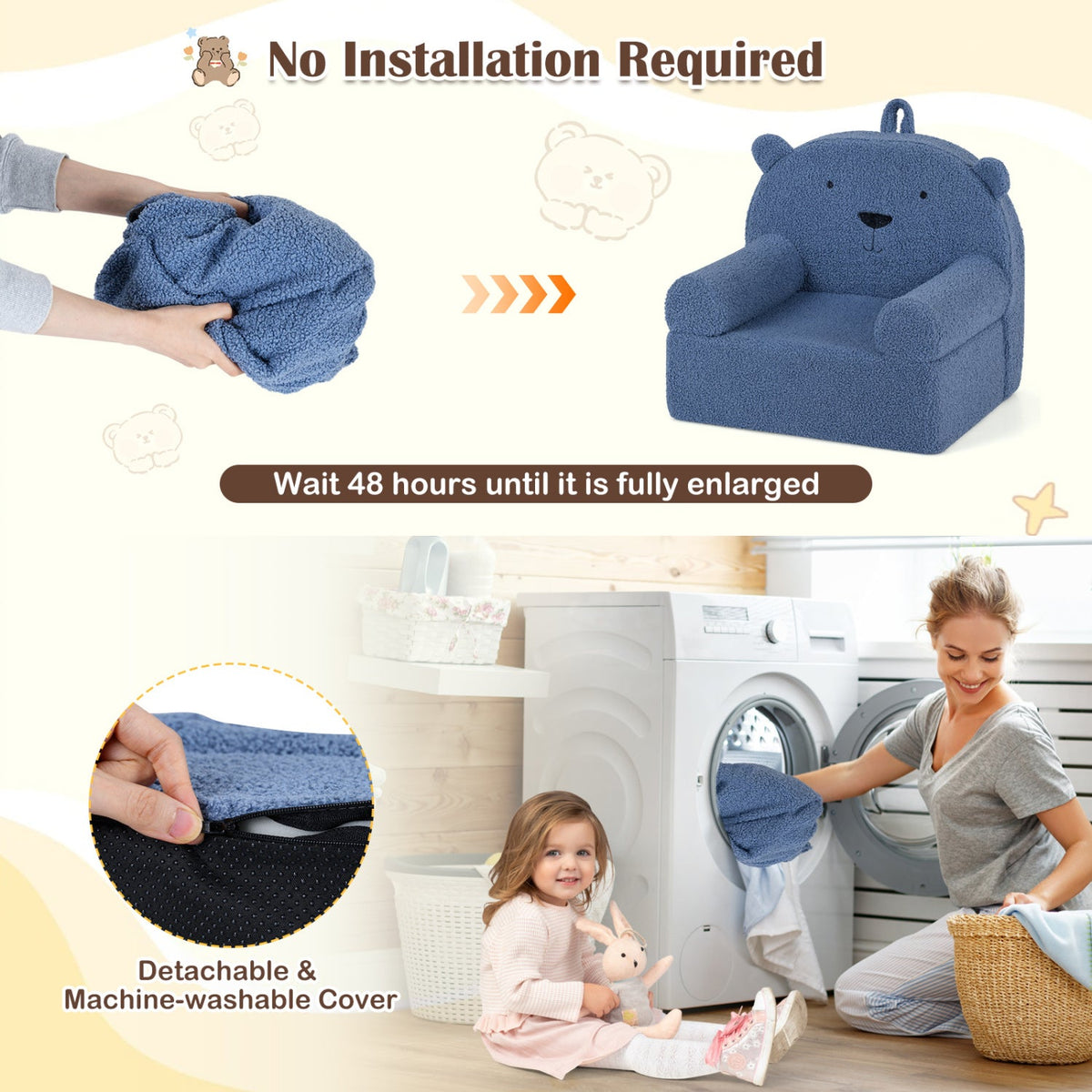 Kids Bear Sofa Toddler Foam Couch with Soft Fleece Fabric Cover
