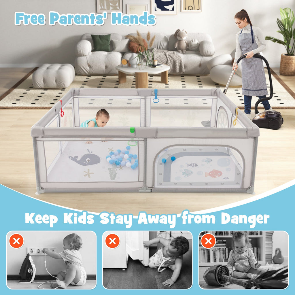 Large Baby Playpen with Pull Rings Ocean Balls and Cute Pattern