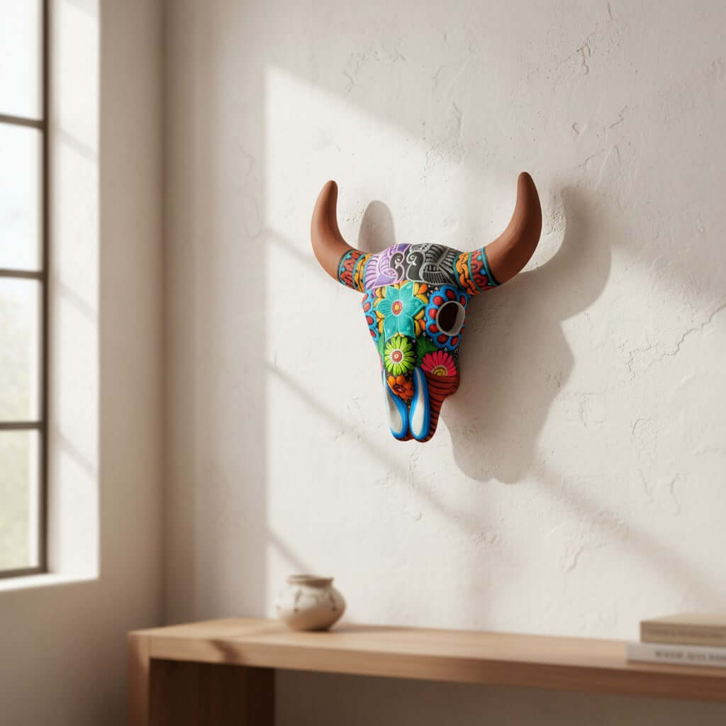 Alebrije Bull Skull Wall Decor | Colorful Longhorn Art