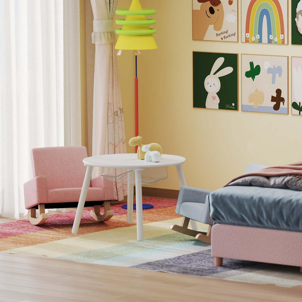 Children’s Room Furniture Bundle: Twin Pink Bed Blue & Pink Rocking Chairs Storage End Table
